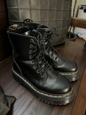 Dr. Martens Black Leather Platform Combat Boots with Yellow Stitching